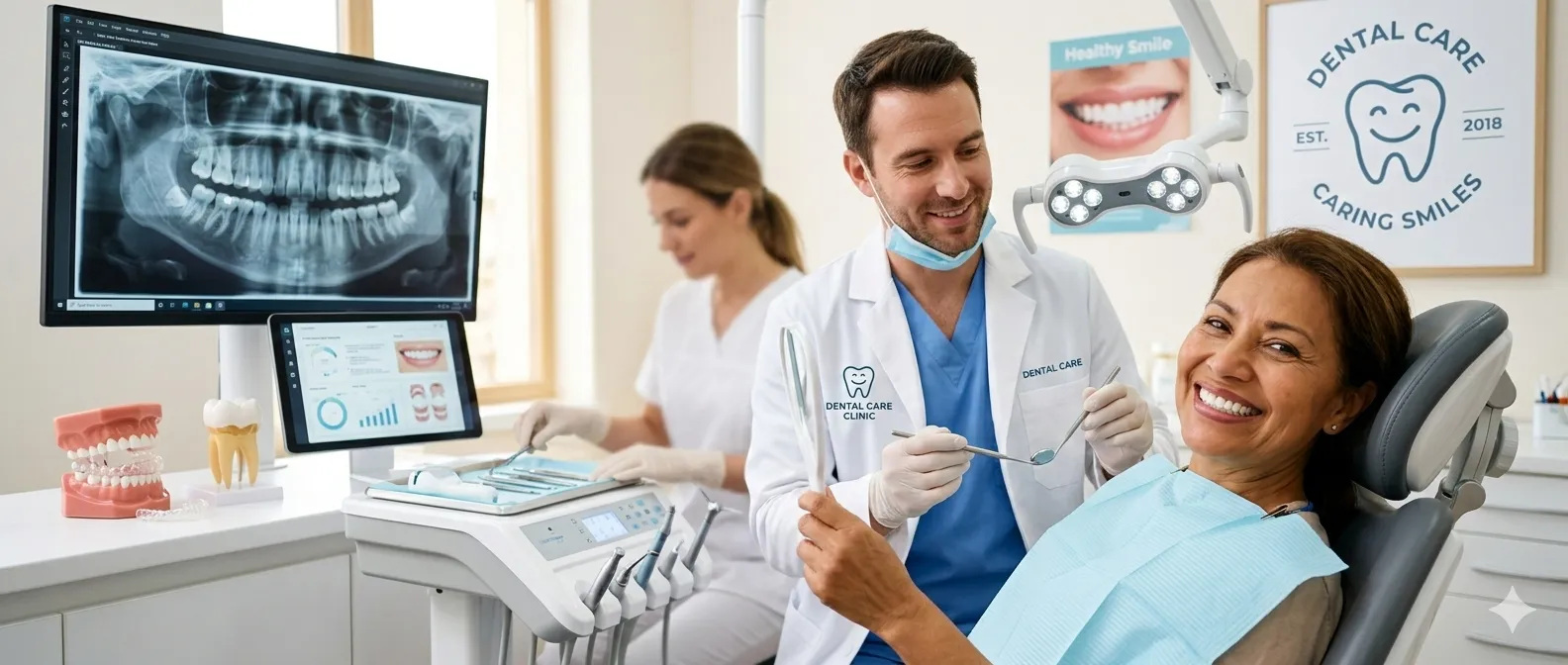 Pacientă zâmbitoare în fotoliul stomatologic, ținând o oglindă, în timp ce medicul dentist și asistenta pregătesc instrumentele într-o clinică stomatologică modernă.