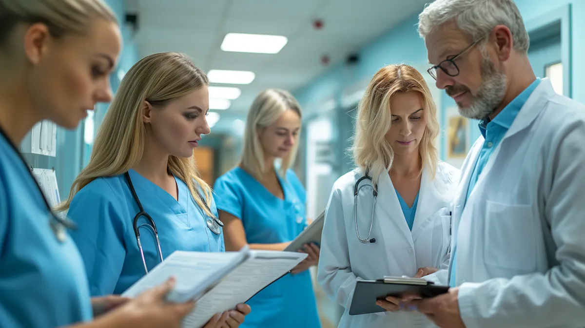 Grup de profesioniști din domeniul sănătății într-un coridor de spital, analizând fișele pacienților și discutând informații medicale.
