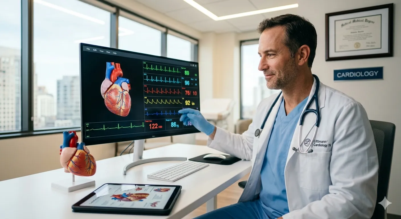 Cardiolog în halat albastru și haină albă, analizând date cardiace pe un ecran de calculator într-un cabinet modern.