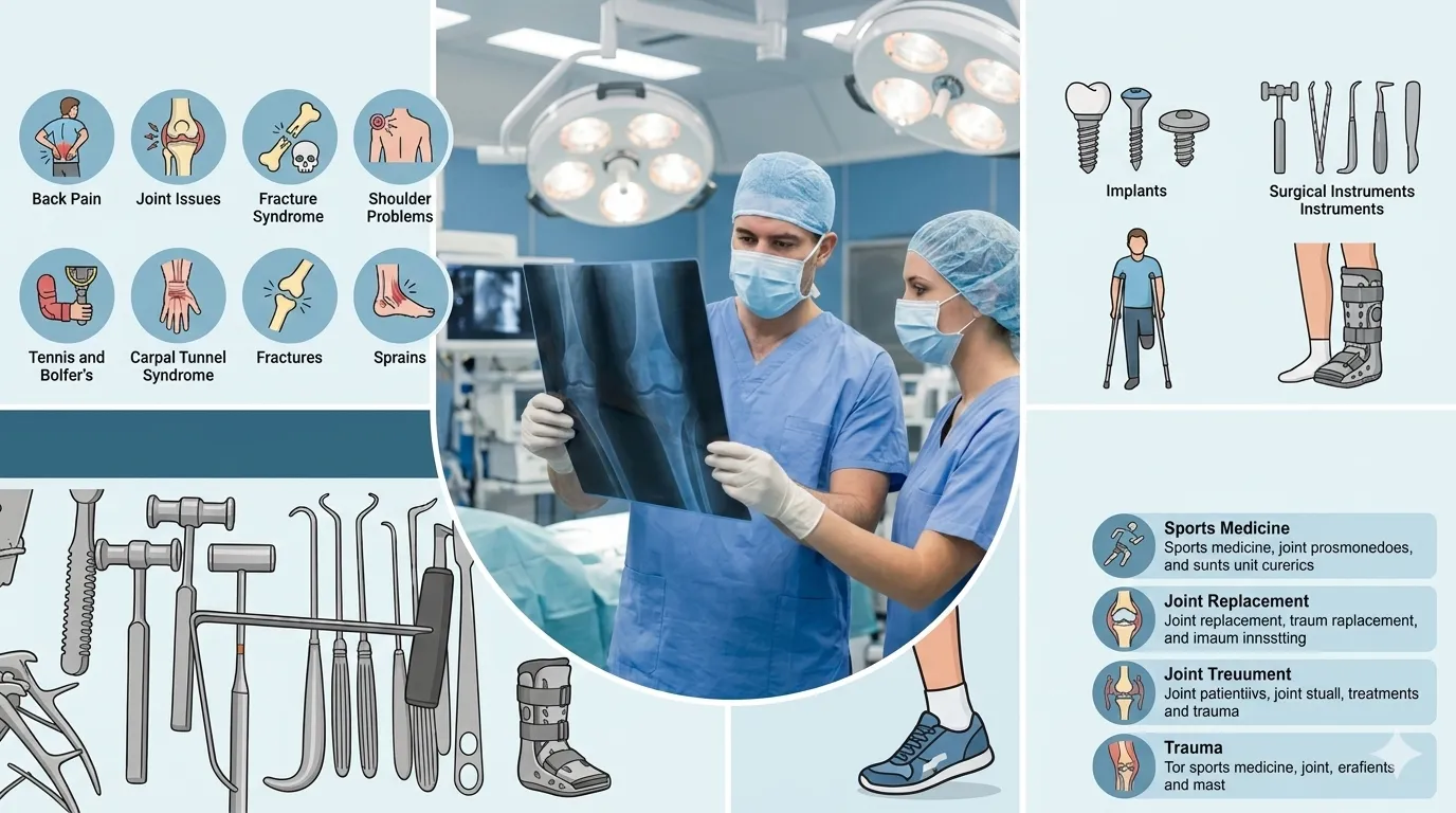 Doi chirurgi cu măști și halate examinând o radiografie într-o sală de operații, înconjurați de ilustrații cu afecțiuni ortopedice, instrumente chirurgicale, implanturi și categorii de tratament.
